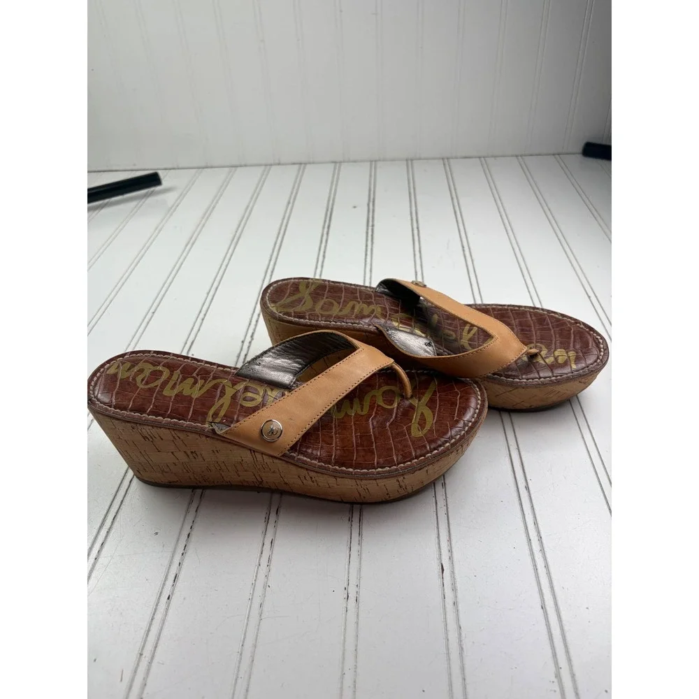 Sam Edelman Tan Leather Cork Romy Wedge Thong Platform Sandals Women's Size 7.5